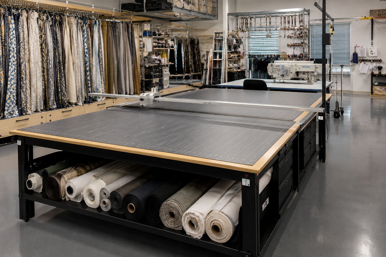 Textile production team working with fabric
